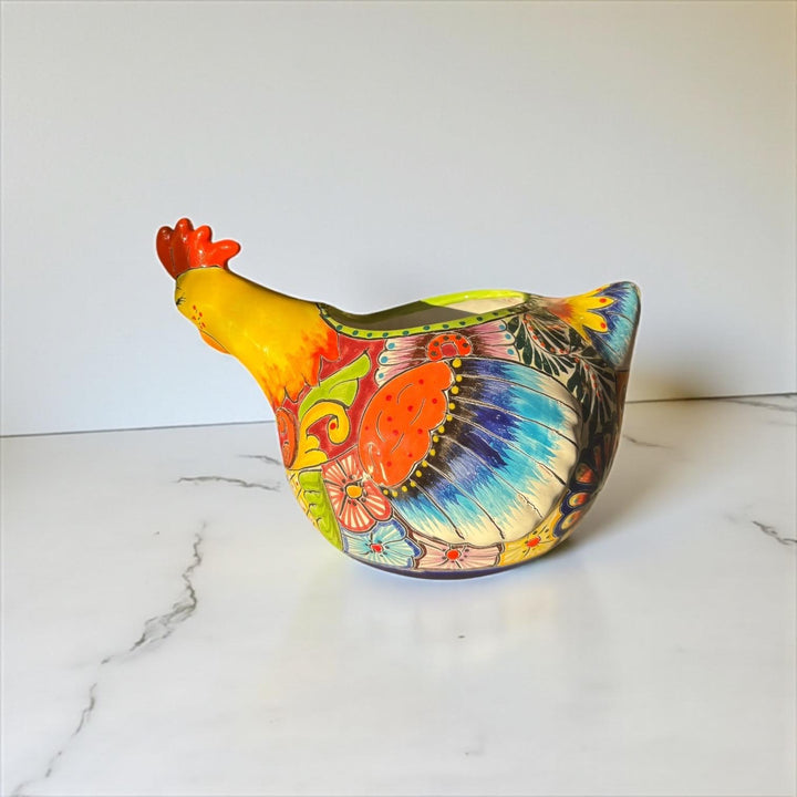 Beautiful Hand Painted Mexican Talavera Sleeping Yellow Chicken Hen Planter Pot