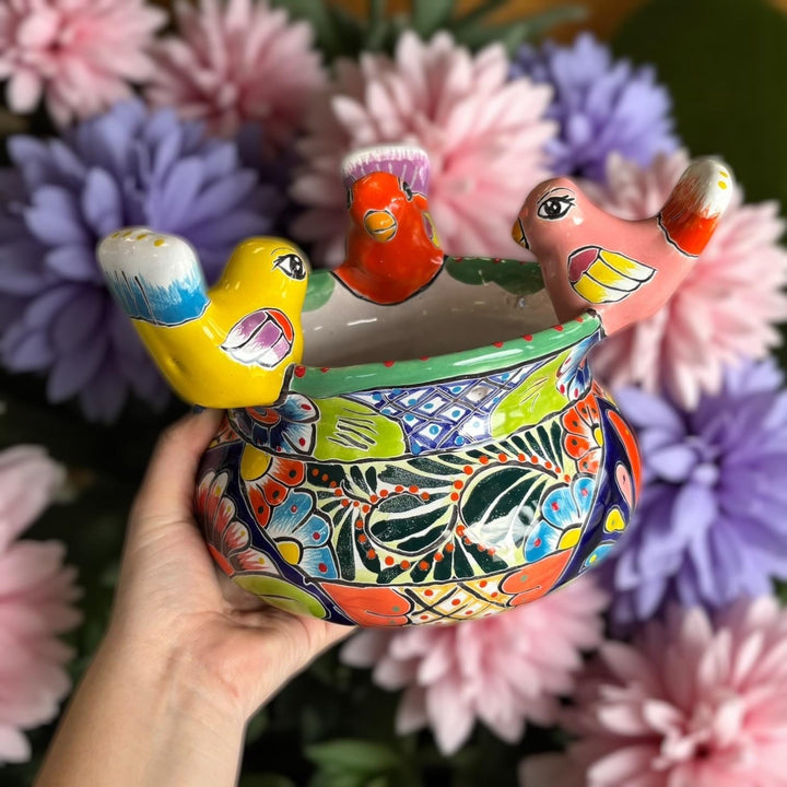 Beautiful Hand Painted 3 Bird Hangable Mexican Talavera Planter Pot