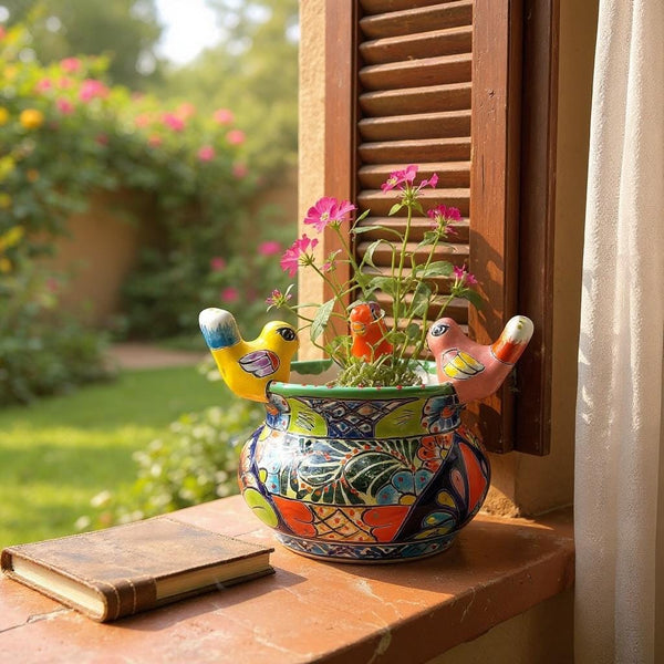 Beautiful Hand Painted 3 Bird Hangable Mexican Talavera Planter Pot