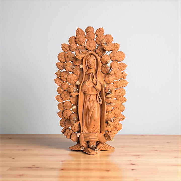 Handmade Small Natural Brown Clay Rustic Mexican Folkart Virgin Mary “Virgen de Guadalupe” (Virgencita de Barro)
