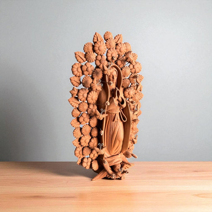 Handmade Small Natural Brown Clay Rustic Mexican Folkart Virgin Mary “Virgen de Guadalupe” (Virgencita de Barro)