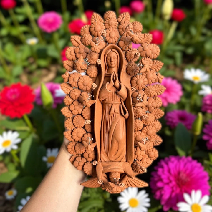 Handmade Small Natural Brown Clay Rustic Mexican Folkart Virgin Mary “Virgen de Guadalupe” (Virgencita de Barro)