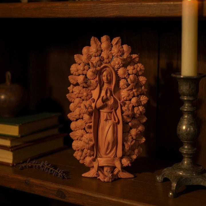 Handmade Small Natural Brown Clay Rustic Mexican Folkart Virgin Mary “Virgen de Guadalupe” (Virgencita de Barro)