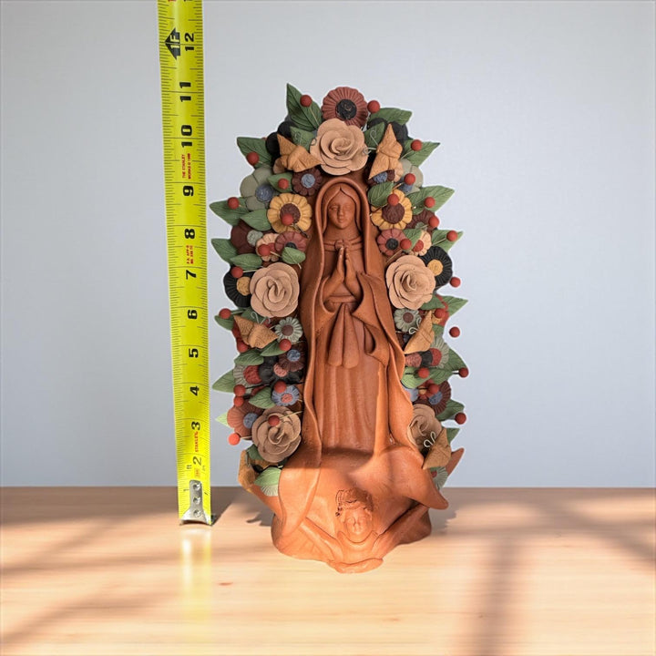Handmade Small Brown Clay & MultiColor Rustic Mexican Folkart Virgin Mary “Virgen de Guadalupe” (Virgencita de Barro)
