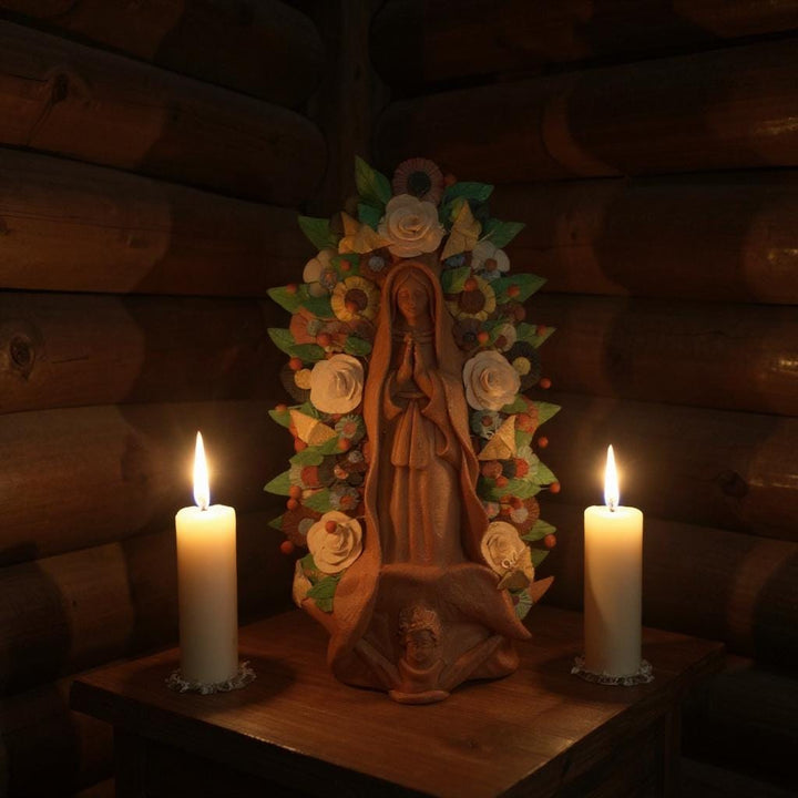 Handmade Small Brown Clay & MultiColor Rustic Mexican Folkart Virgin Mary “Virgen de Guadalupe” (Virgencita de Barro)