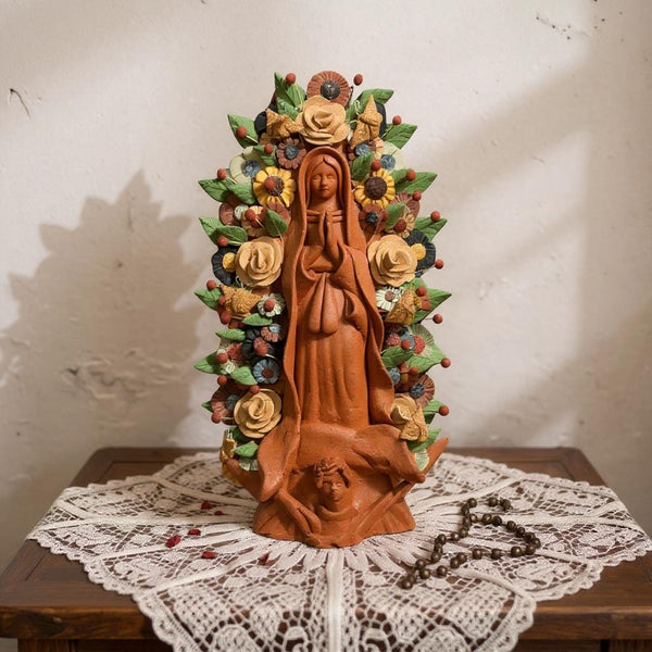 Handmade Small Brown Clay & MultiColor Rustic Mexican Folkart Virgin Mary “Virgen de Guadalupe” (Virgencita de Barro)