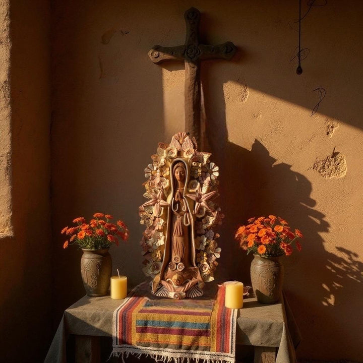Handmade Medium Natural Brown Clay and Neutrals Rustic Mexican Folkart Virgin Mary “Virgen de Guadalupe” (Virgencita de Barro)
