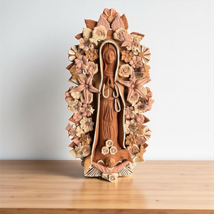 Handmade Medium Natural Brown Clay and Neutrals Rustic Mexican Folkart Virgin Mary “Virgen de Guadalupe” (Virgencita de Barro)