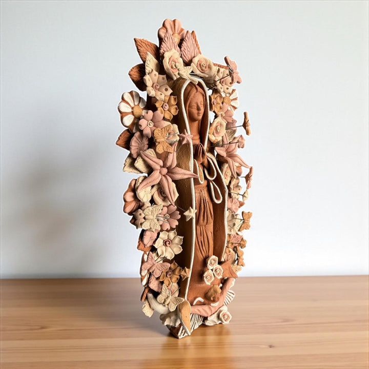 Handmade Medium Natural Brown Clay and Neutrals Rustic Mexican Folkart Virgin Mary “Virgen de Guadalupe” (Virgencita de Barro)