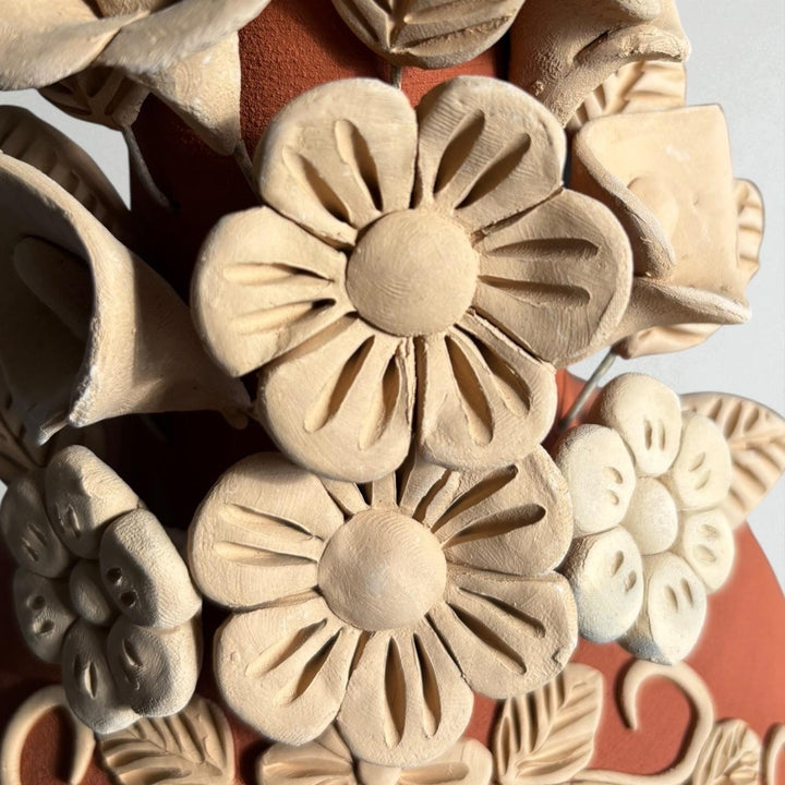 Hand Sculpted Countertop Natural Clay Floral Mexican Folkart Chimney “Chimenea de Barro” From Oaxaca