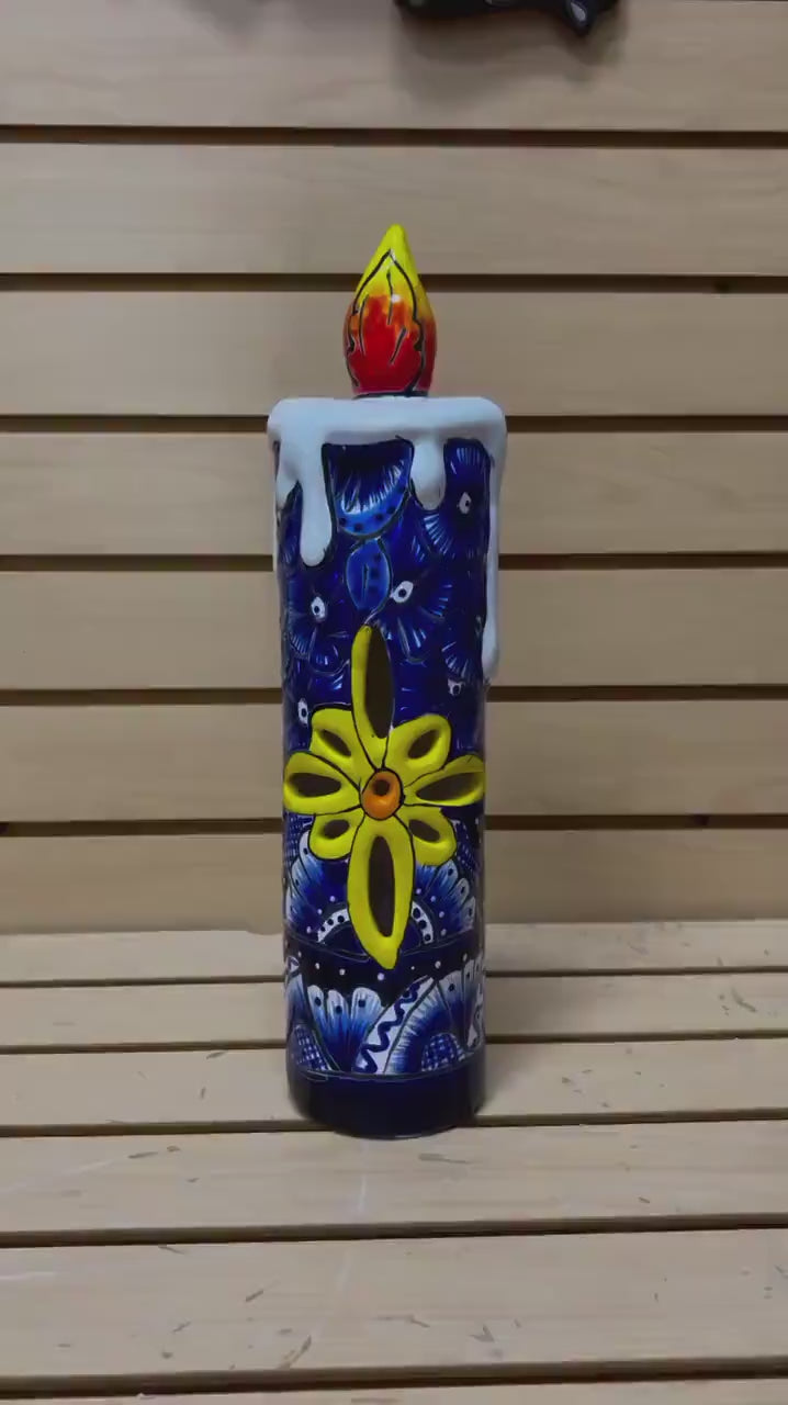 Colorful Hand Painted Candle Holiday Statue, Authentic Mexican Ceramic Hand Crafted Talavera