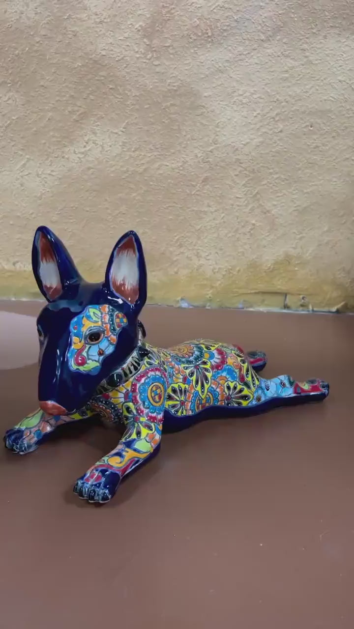 Cute Hand Painted Bull Terrier Dog Sculpture, Authentic Ceramic Hand Crafted Mexican Talavera