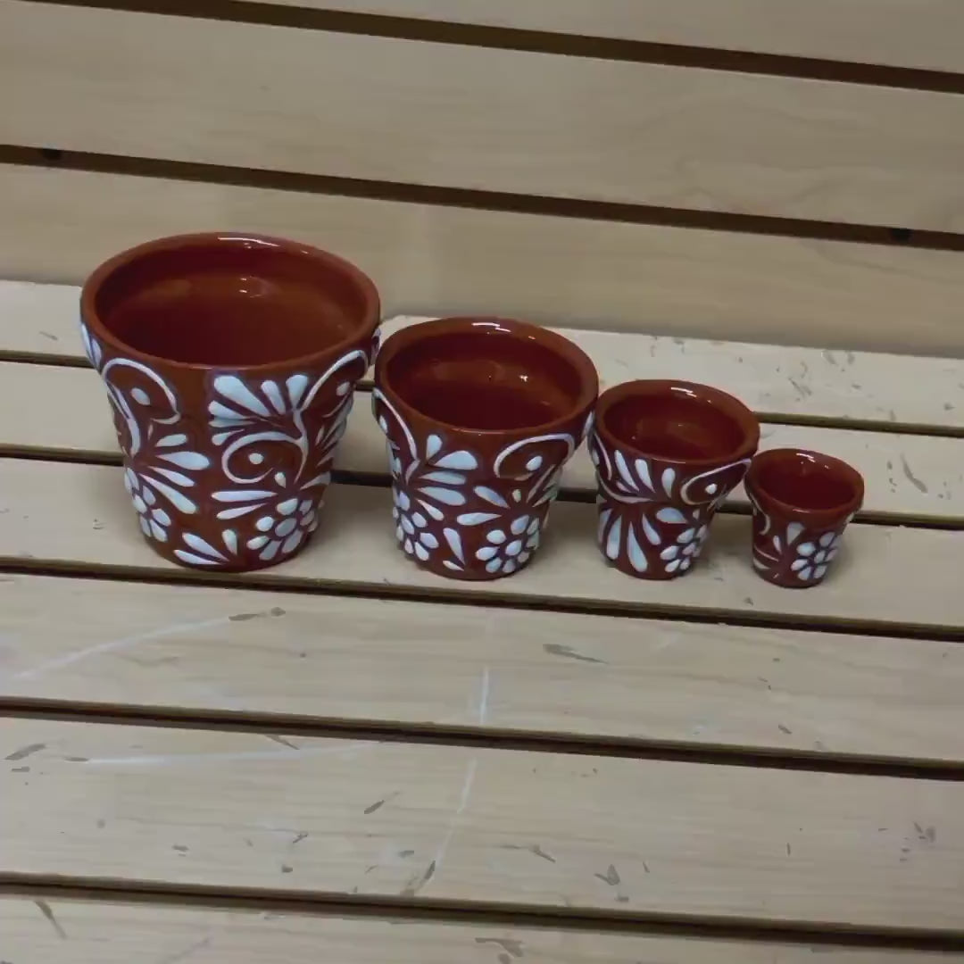 Clay Beige and White Hand Painted Planter Set of 4, Authentic Ceramic Hand Crafted Talavera