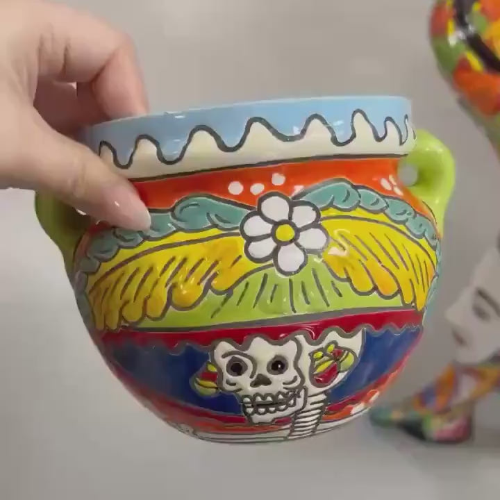 Catrina Skull Hand Painted S Planter Pot with Handles