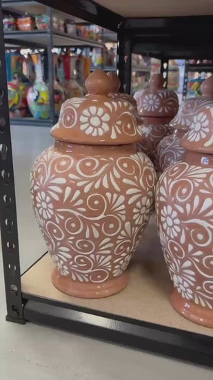 Clay Beige and White Hand Painted Urn - Authentic Ceramic Hand Crafted Mexican Talavera