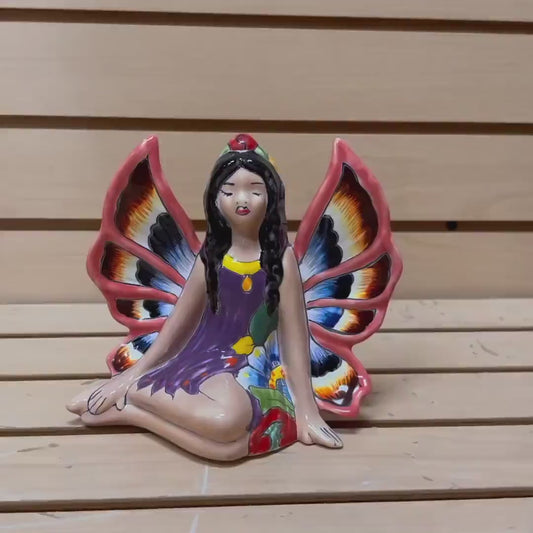 Ethereal Hand Painted Sitting Fairy Statue, Authentic Mexican Ceramic Hand Crafted Talavera