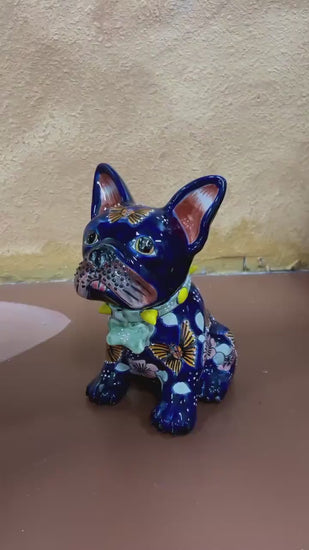 Hand Painted French Bulldog Dog Sculpture, Authentic Mexican Ceramic Hand Crafted Talavera