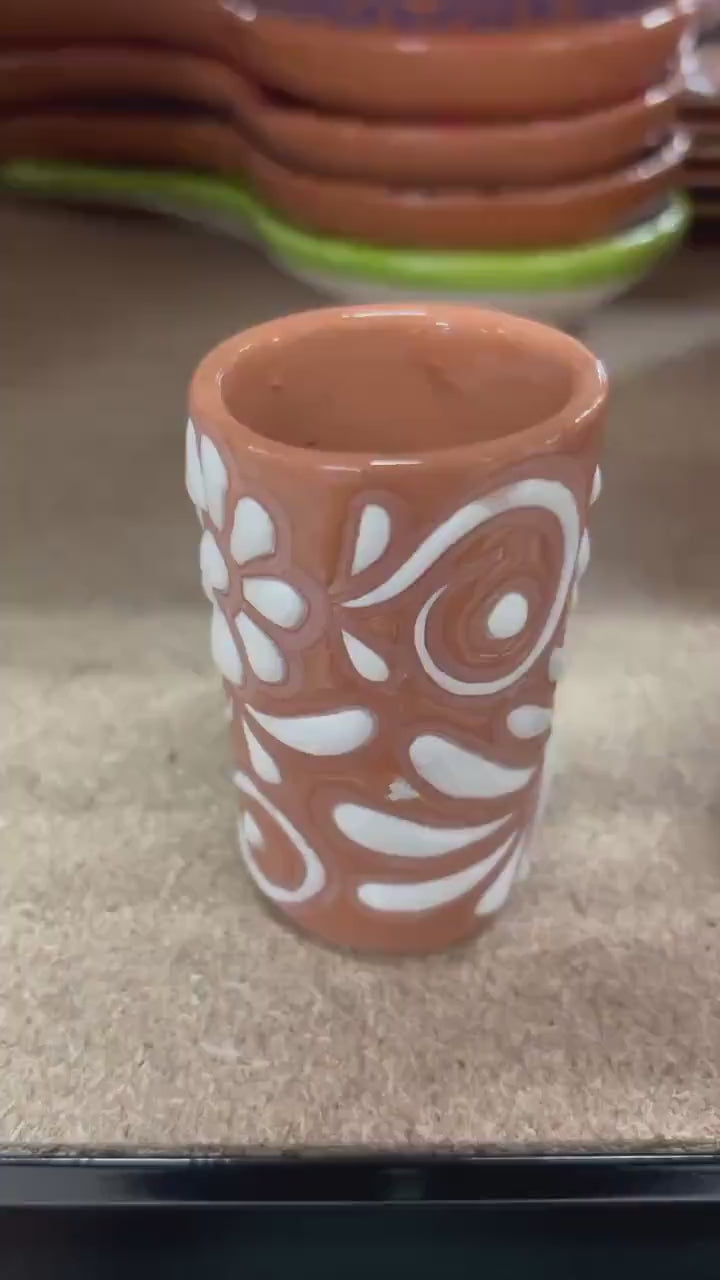 Glazed Clay and White Hand Painted Shot Glass From Mexico