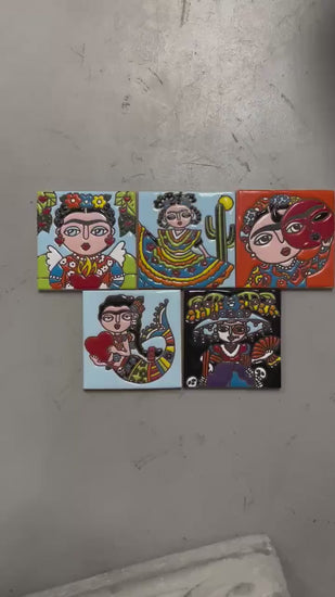 Set of 5 Frida Kahlo Small Hand Painted Tiles, Authentic Ceramic Hand Crafted Mexican Talavera