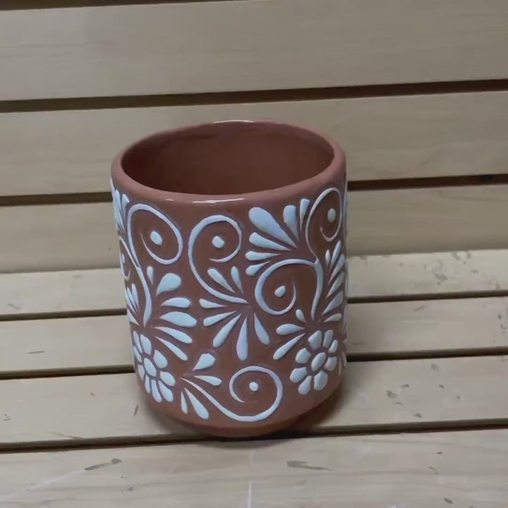 Clay Beige and White Hand Painted S Cylinder Planter Pot