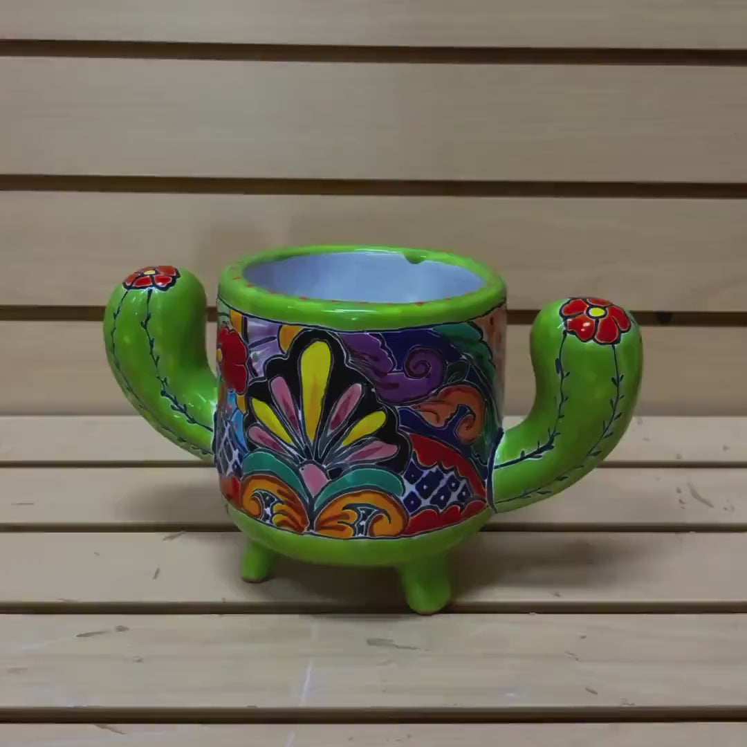 Cute Hand Painted Cactus Planter Pot, Authentic Mexican Ceramic Hand Crafted Talavera