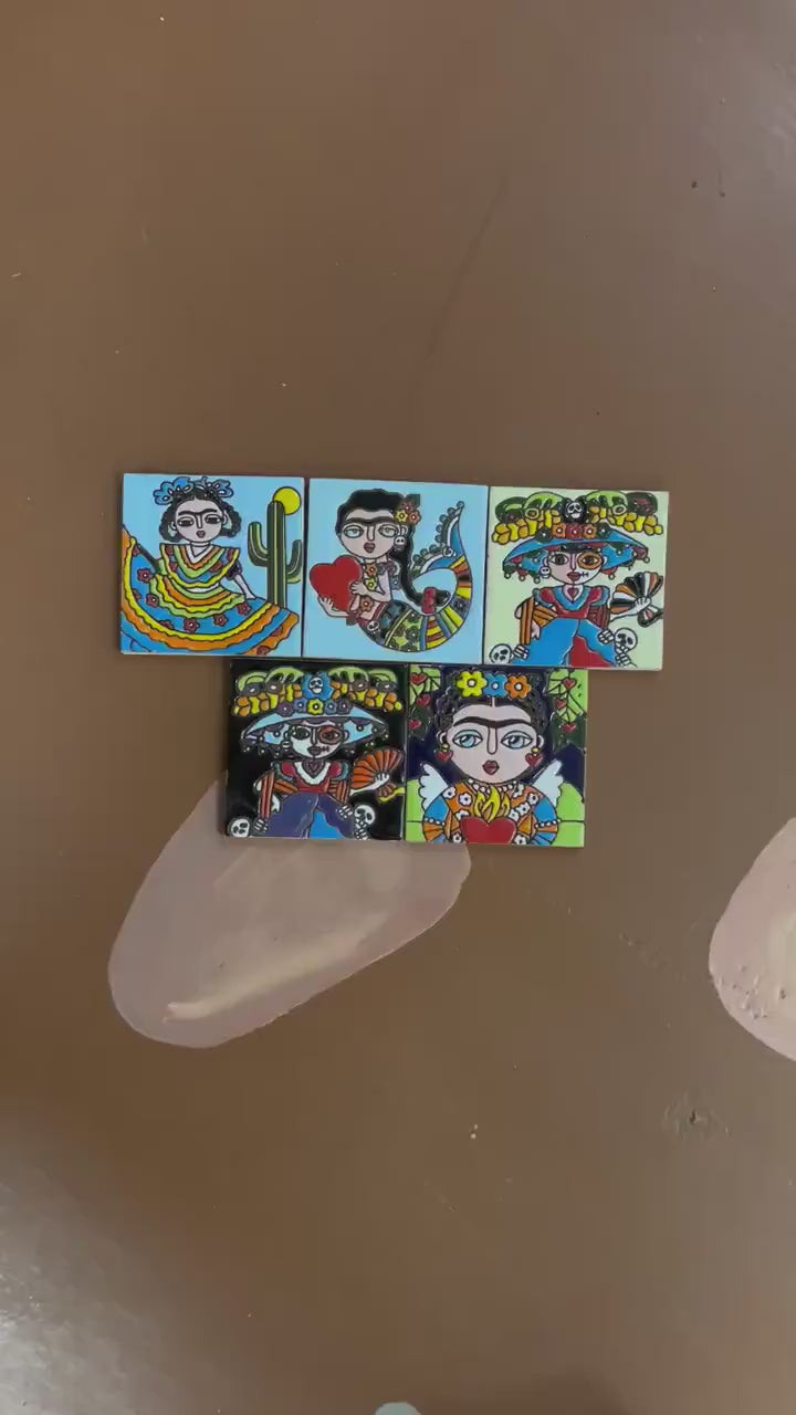 Set of 5 Frida Kahlo Small Hand Painted Tiles, Authentic Ceramic Hand Crafted Mexican Talavera