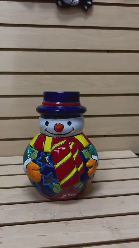 Hand Painted Snowman Holiday Statue, Authentic Mexican Ceramic Hand Crafted Talavera