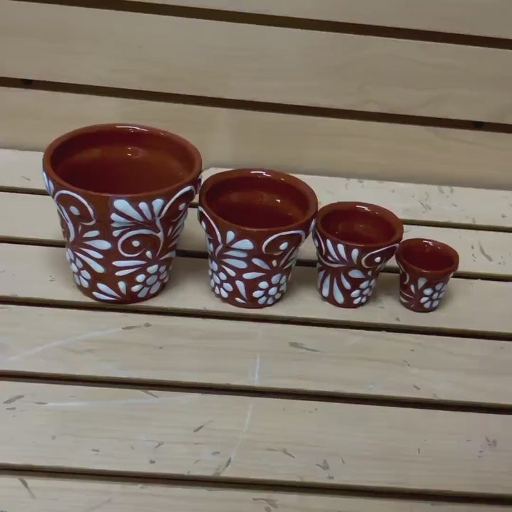 Handpainted Talavera Set of 4 Brown and White Planter Pots