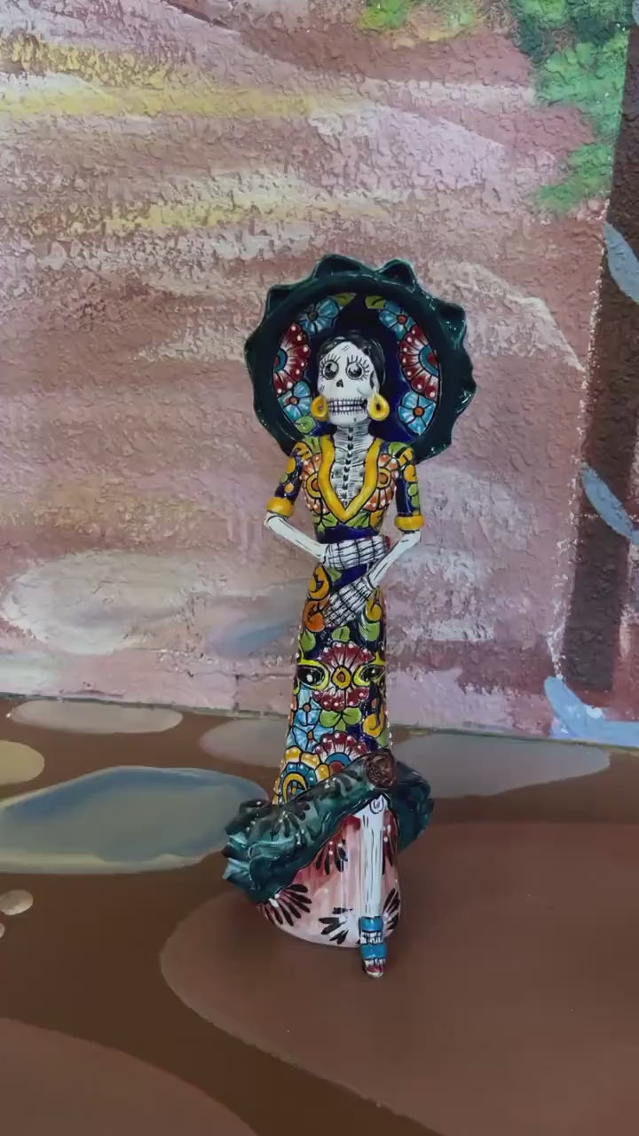 Hand Painted Romantic Catrina Day of the Dead Sculpture, Authentic Unique Ceramic Hand Crafted Talavera