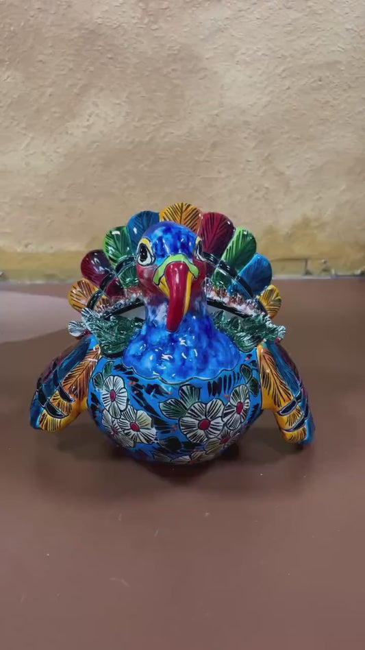 Hand Painted Thanksgiving Turkey Planter Pot, Authentic Mexican Ceramic Hand Crafted Talavera