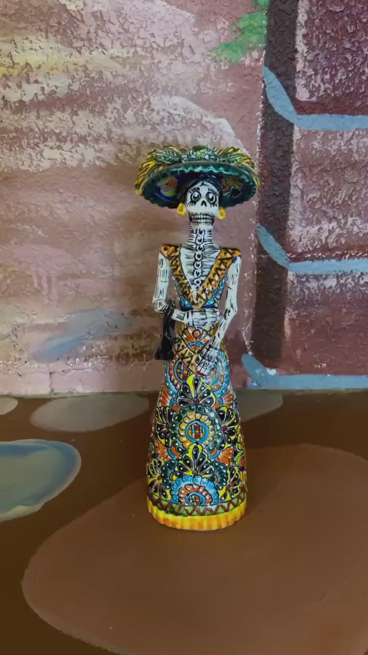 Hand Painted Elegant Catrina Day of the Dead Sculpture, Authentic Unique Ceramic Hand Crafted Mexican Talavera