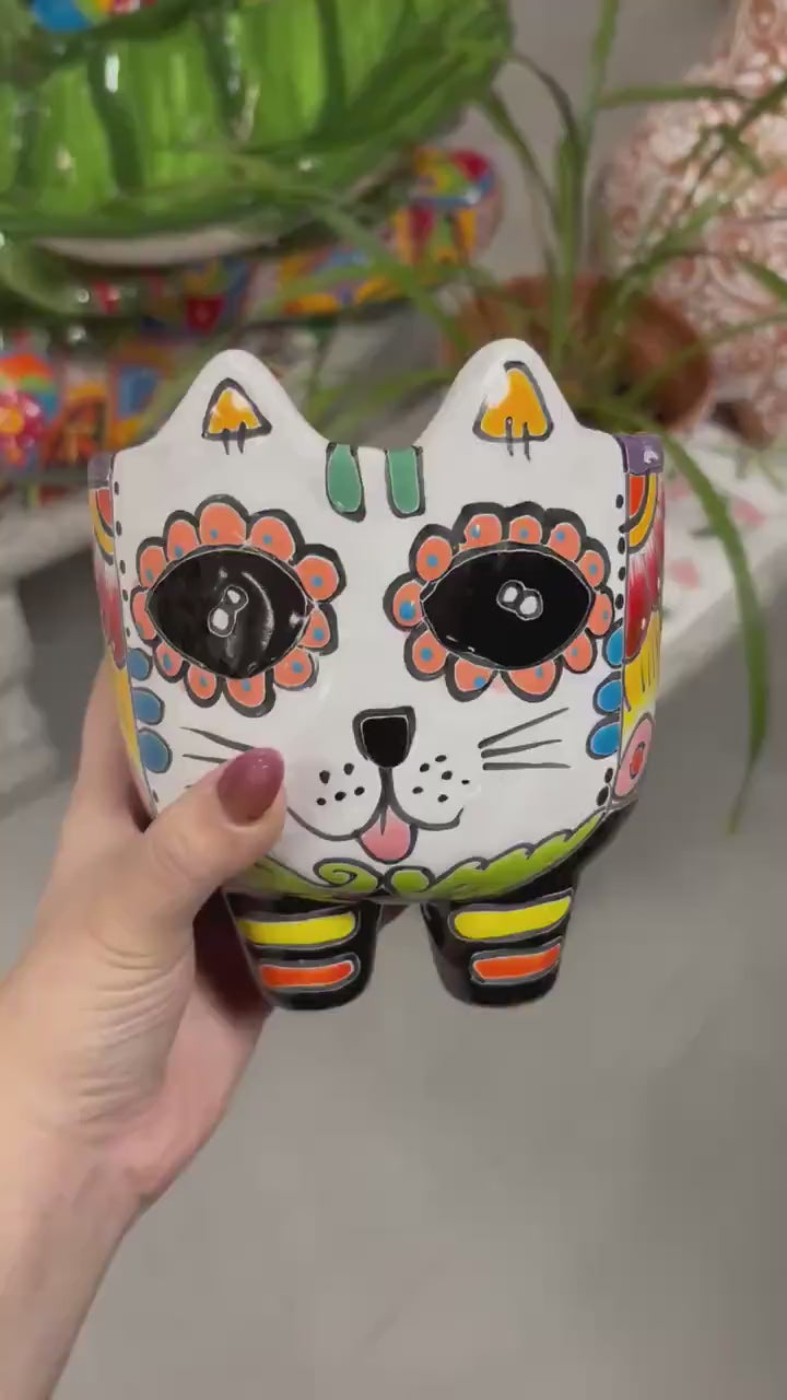 Cute Hand Painted Cat Skull Planter Pot