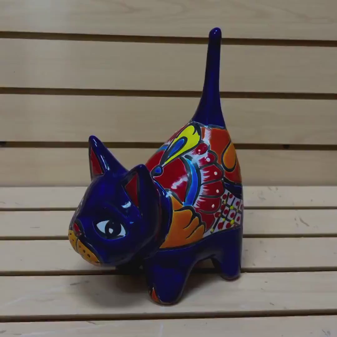 Cute Hand Painted Kitty Cat Statue, Authentic Mexican Ceramic Hand Crafted Talavera