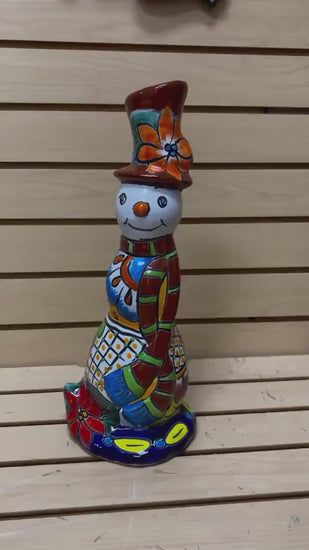 Tall Hand Painted Snowman Holiday Statue, Authentic Mexican Ceramic Hand Crafted Talavera