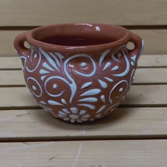 Clay Beige and White Hand Painted Planter Pot - Authentic Ceramic Hand Crafted Mexican Talavera